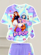 Girl K-Pop Cartoon Idol Print 2-piece Set Pink Tie Dye Short Sleeved T-shirt Purple Flared Pants Children's Casual Sportswear