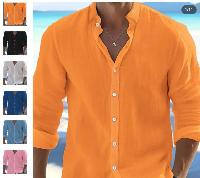 Men's Solid Color Cotton Linen Shirt Classic Button-Up Lapel Long Sleeve Loose Casual Top Spring Summer Fashion 2026