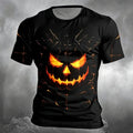 Men Glowing Jack‑o‑Lantern Pumpkin Print T‑Shirt Halloween Scary Face Crack Effect O‑Neck Short Sleeve Streetwear Tee Tops