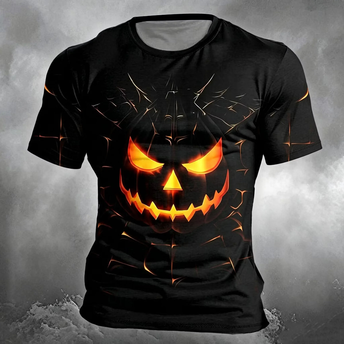 Men Glowing Jack‑o‑Lantern Pumpkin Print T‑Shirt Halloween Scary Face Crack Effect O‑Neck Short Sleeve Streetwear Tee Tops