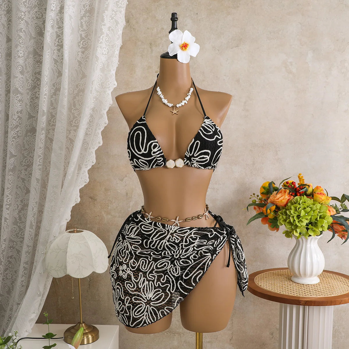 Women 3 Piece Floral Embroidered Bikini Set Halter Triangle Top with Shell Decor and Mesh Sarong Cover Up, 4 Colors Available