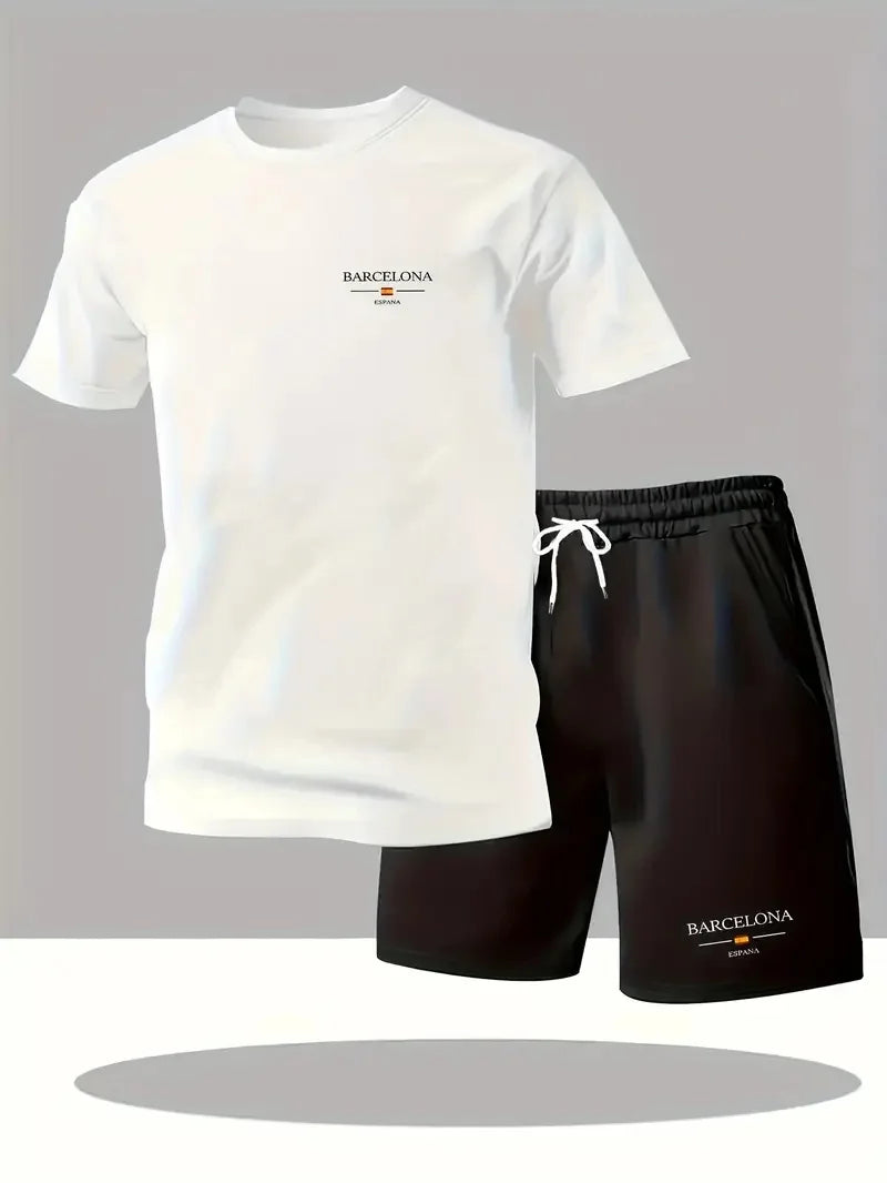 New summer fitness sportswear for men, short-sleeved T-shirt and shorts two-piece set, breathable and quick-drying casual wear.