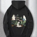 Cute Beanie Ghost Pumpkin Coffee Bat Print Hoodie Plus Size Unisex Loose Long Sleeve Pullover Halloween Casual Hooded Sweatshirt