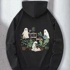 Cute Beanie Ghost Pumpkin Coffee Bat Print Hoodie Plus Size Unisex Loose Long Sleeve Pullover Halloween Casual Hooded Sweatshirt