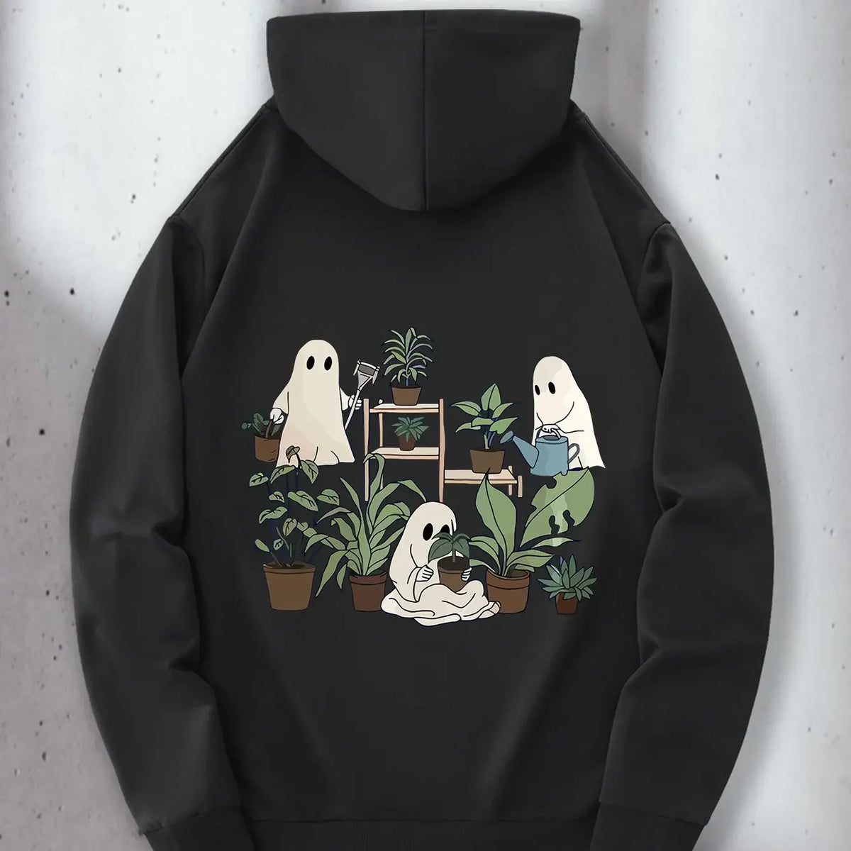 Cute Beanie Ghost Pumpkin Coffee Bat Print Hoodie Plus Size Unisex Loose Long Sleeve Pullover Halloween Casual Hooded Sweatshirt