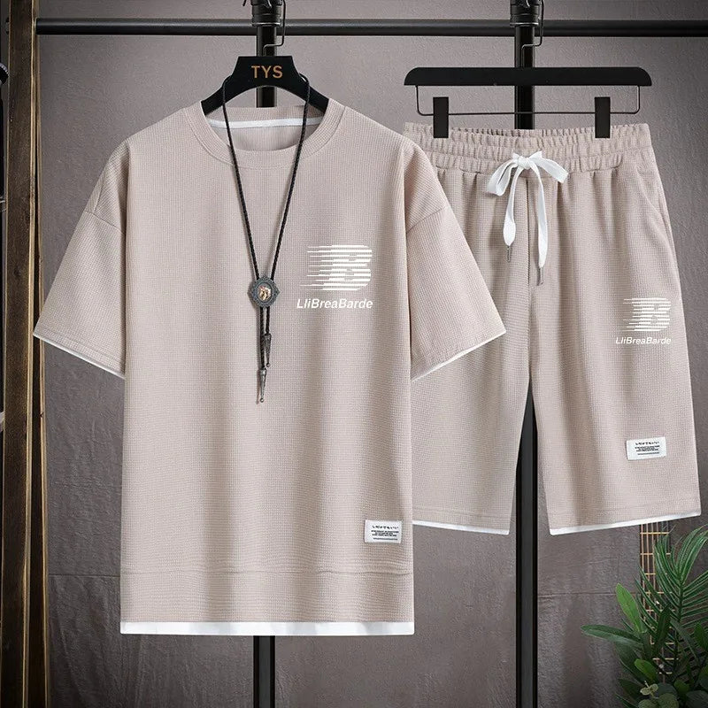 New Trends Men's 2026 Summer Sports Set Fashion Casual T-shirt and Shorts Set Waffle Short Sleeve Shorts Two Piece Sports Set