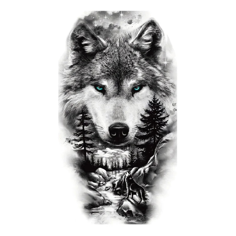 Waterproof Temporary Tattoo Sticker Forest Big Tiger Lion Wolf King Body Arm Hand Cool Art Black Animal Men Women Fake Tattoos