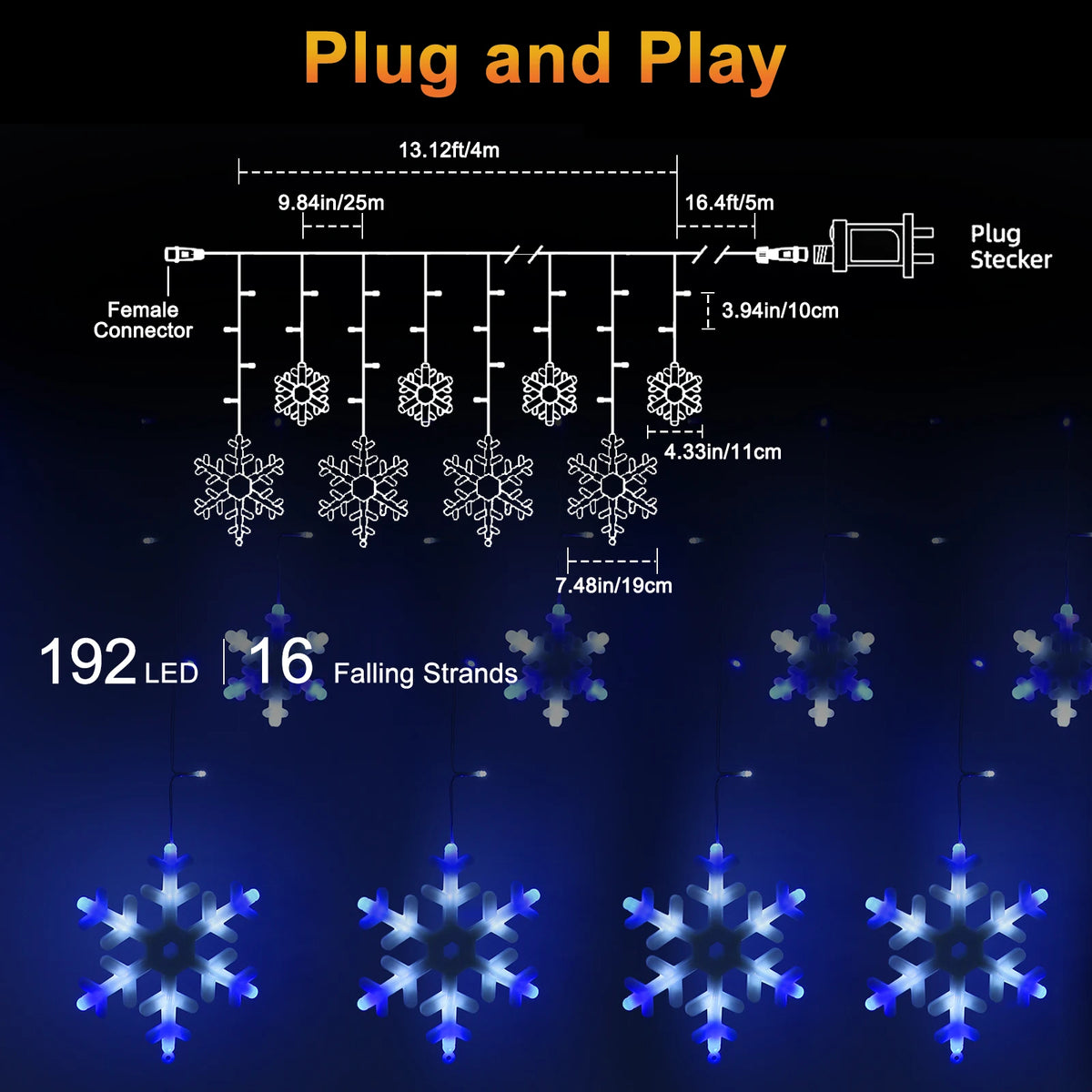 Snowflake Christmas String Lights 13Ft 192 LED, 8 Modes Window Lights with Timer & Memory, 3-Set Connectable Waterproof for Bedroom Wall Wedding Party Decor, Warm White