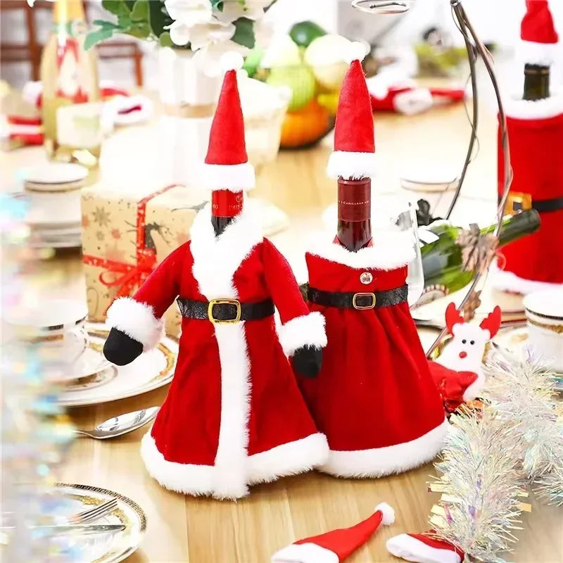 New Creative Christmas Wine Bottle Fashion Velvet Dress Wine Bottle Covers Sleeve Santa Snowman Xmas New Year Dinner Table Decor