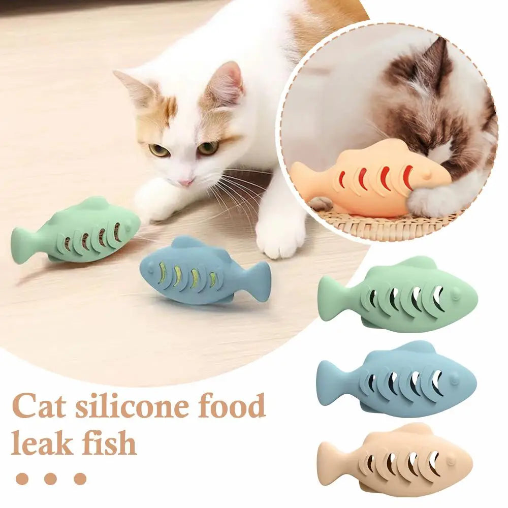 Interactive Cat Toy Food Dispenser for Indoor Cats Blue Treat & Catnip Stuffer Engaging Silicone Fish Chew Toy for Dental Care
