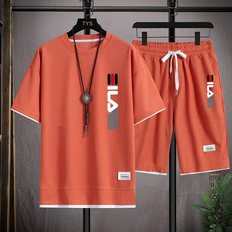 Men's summer 2026 fashionable outdoor new casual short sleeved T-shirt set, round neck hooded sweatshirt+sports shorts two-piece