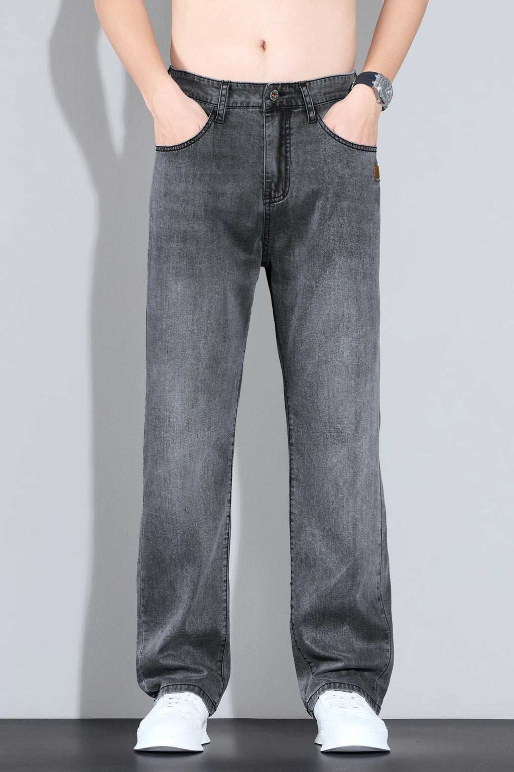 Lyocell Ice Silk Jeans Men's Fashion Korean Ultra-Thin Denim Pants Soft Drape Comfortable Business Straight Casual Trousers
