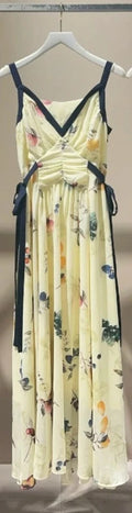 Kuzuwata Luxury Elegant V Neck Sling Dress Print Slim Vest Big Swing Lace Up Ruched Panelled Robe Japan French Exquisite Mujer