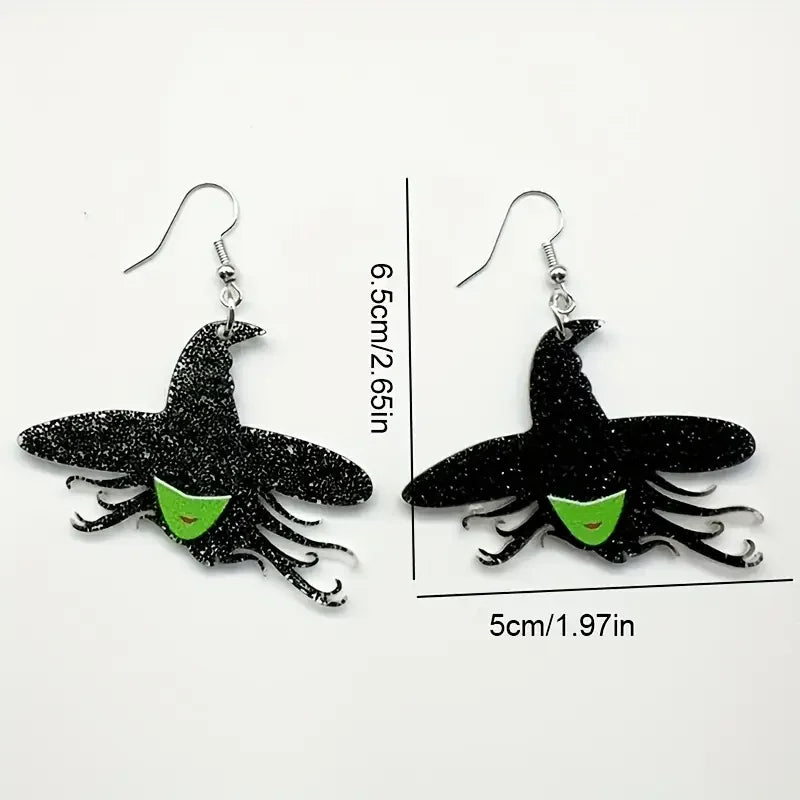 1 Pair of Witch Hat Earrings - Black with Sparkling Stars & Green Accents, Perfect for Halloween & Daily Wear