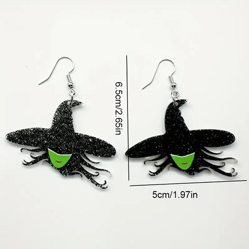 1 Pair of Witch Hat Earrings - Black with Sparkling Stars & Green Accents, Perfect for Halloween & Daily Wear