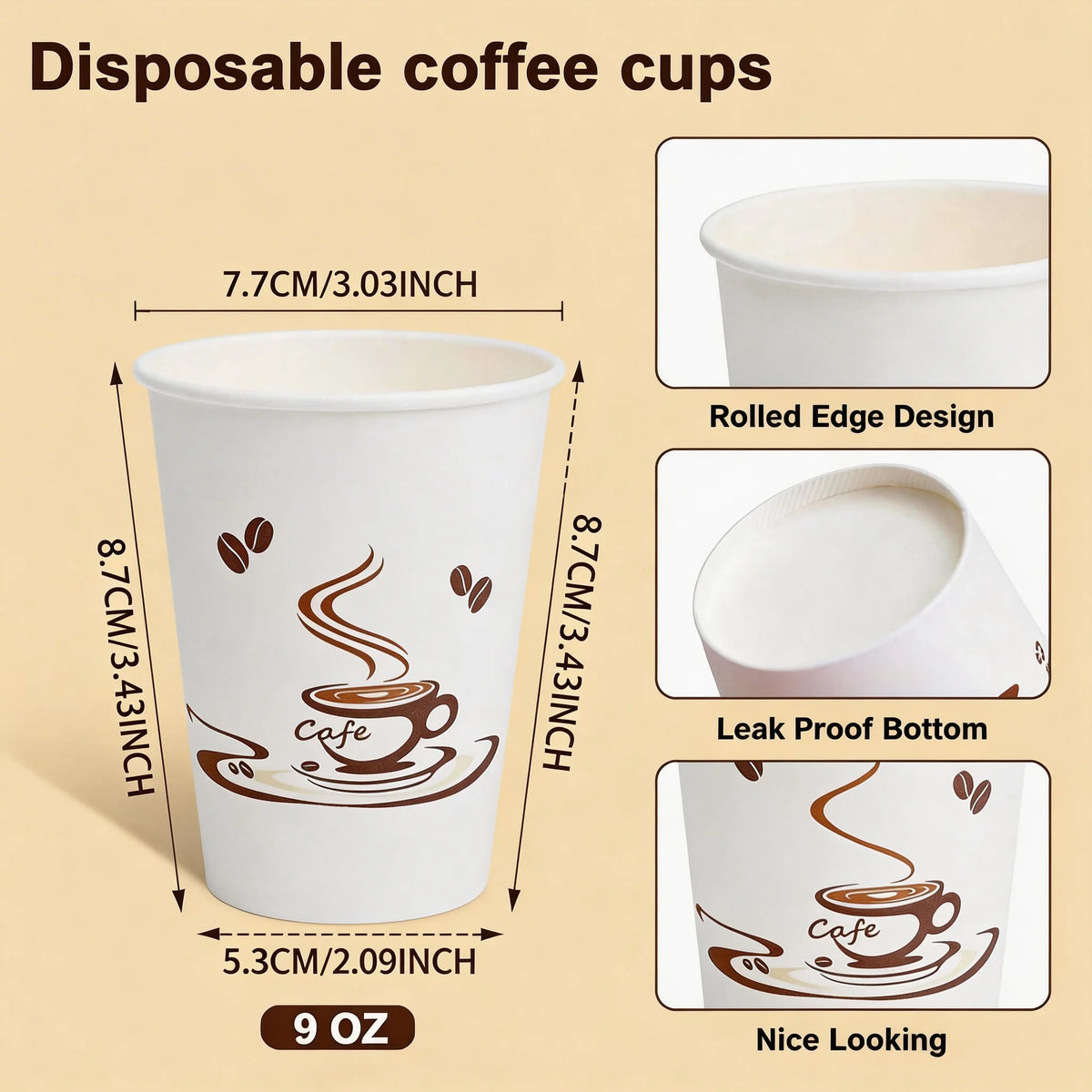 50/100/200PCS 9 oz Disposable Paper Cups for Hot & Cold Drinks – Leak-Proof Coffee Cups, Durable & Eco-Friendly, Ideal for Cafés, Restaurants, Offices, Home Use, Parties, and Everyday Beverage Serving