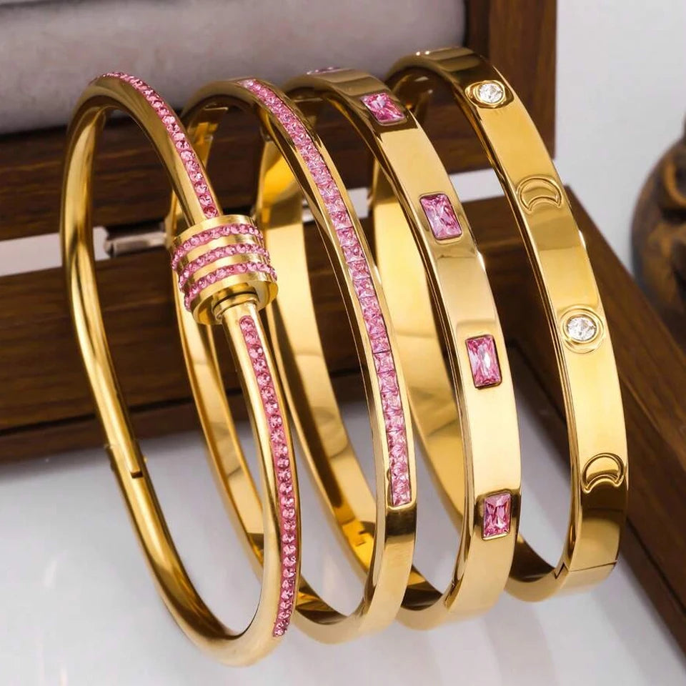 Yupsk 4pcs/1pcs Green Pink Zircon Stainless Steel Bracelet for Women Versatile Stacking Bangles Valentine's Day Jewelry Gift