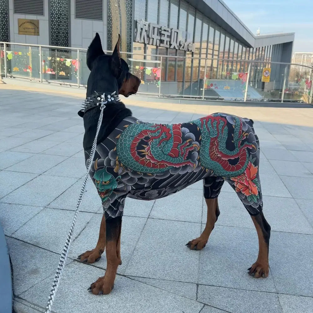 Cool Stylish Dog Tattoo Jumpsuit Flower Print 4?Legged Bodysuit Stretch Comfort Pet Clothes Full Body Cover Outfit For Dogs