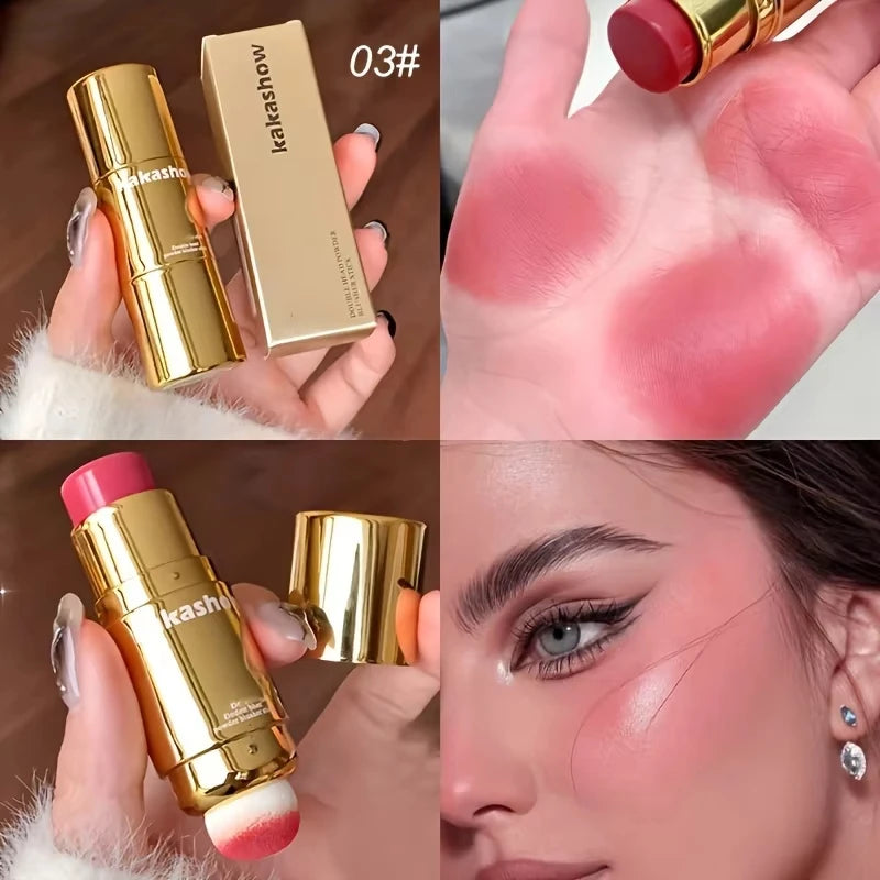 Double Head Powder Blusher Stick, Multi-use Cream Blush Stick with Sponge Tip, Long-lasting Natural Cheek Tint, Portable Makeup