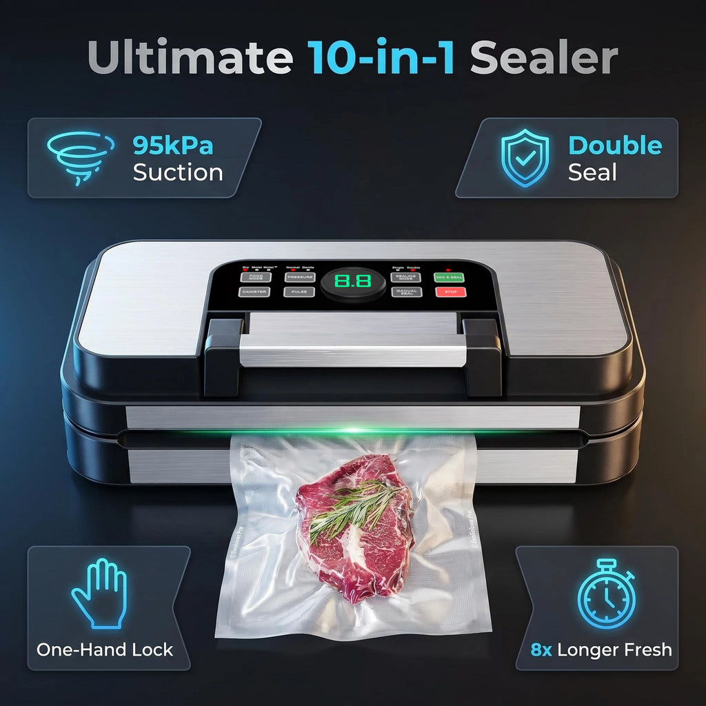 95KPA Dual Pump Vacuum Sealer Machine 10 Modes Double Seal Dry/Moist Food Vacuum Packing with Hose & Roll Bags Upgraded Design