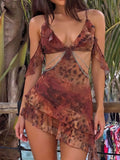 Women's Printed Knitted Mesh Strap Lace Dress, Sexy Hip Wrap and Strapless Dress