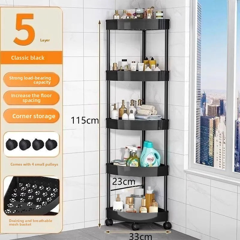 5-Tier Corner Rolling Cart Movable Bathroom Organizer Plastic Storage Rack Draining Trolley Shelf for Kitchen Bedroom Toilet