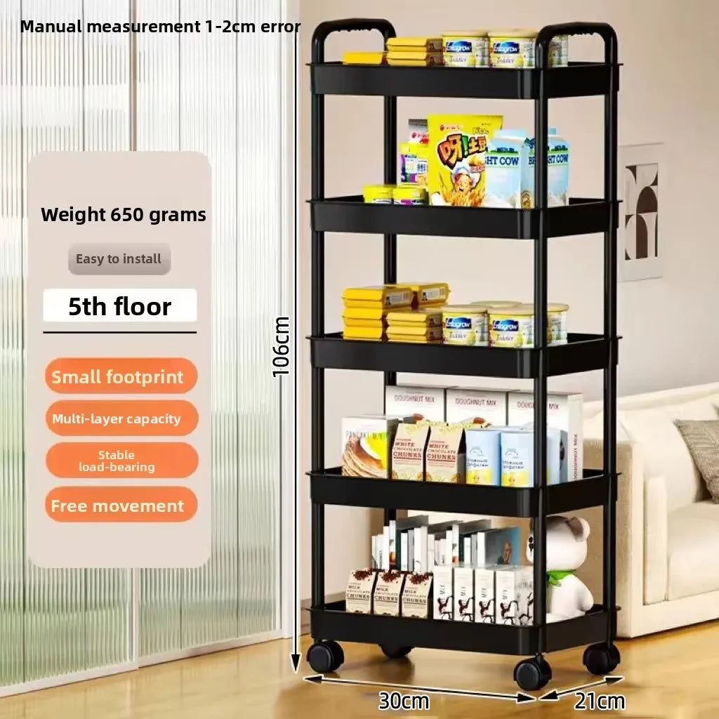 5-Tier Mobile Trolley Storage Rack Rolling Cart Floor Shelf with 360° Wheels for Kitchen Bathroom Fruit Vegetable Snack Holder