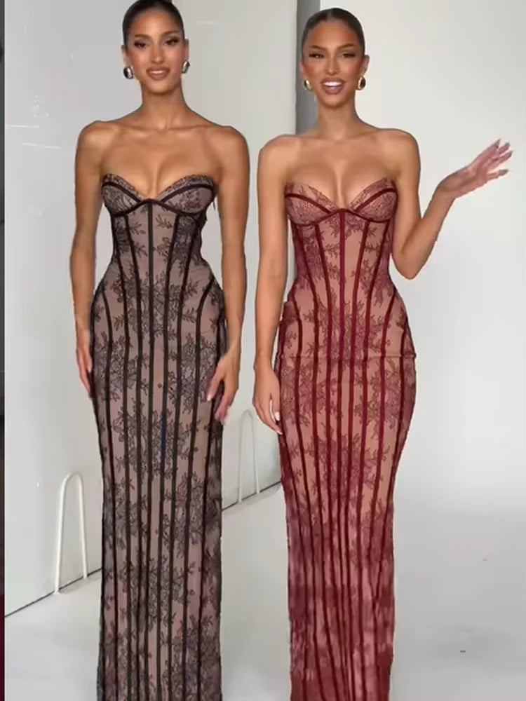 Women Gauze Fishbone Strapless Dress Chic Backless Off-shoulder Waist Cinching Slim Maxi Vestidos 2026 Lady Evening Party Gowns