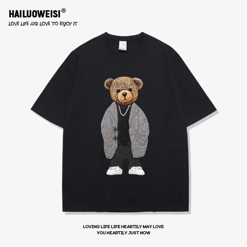 Summer Fashion High End Men's Fun Little Bear 100% Cotton Printed Round Neck High Quality Leisure Fitness Street T-shirt
