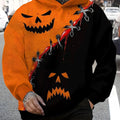 Men Halloween Stitch Pumpkin Face 3D Print Hoodie Split Black Orange Graphic Long Sleeve Pullover Sweatshirt With Pocket