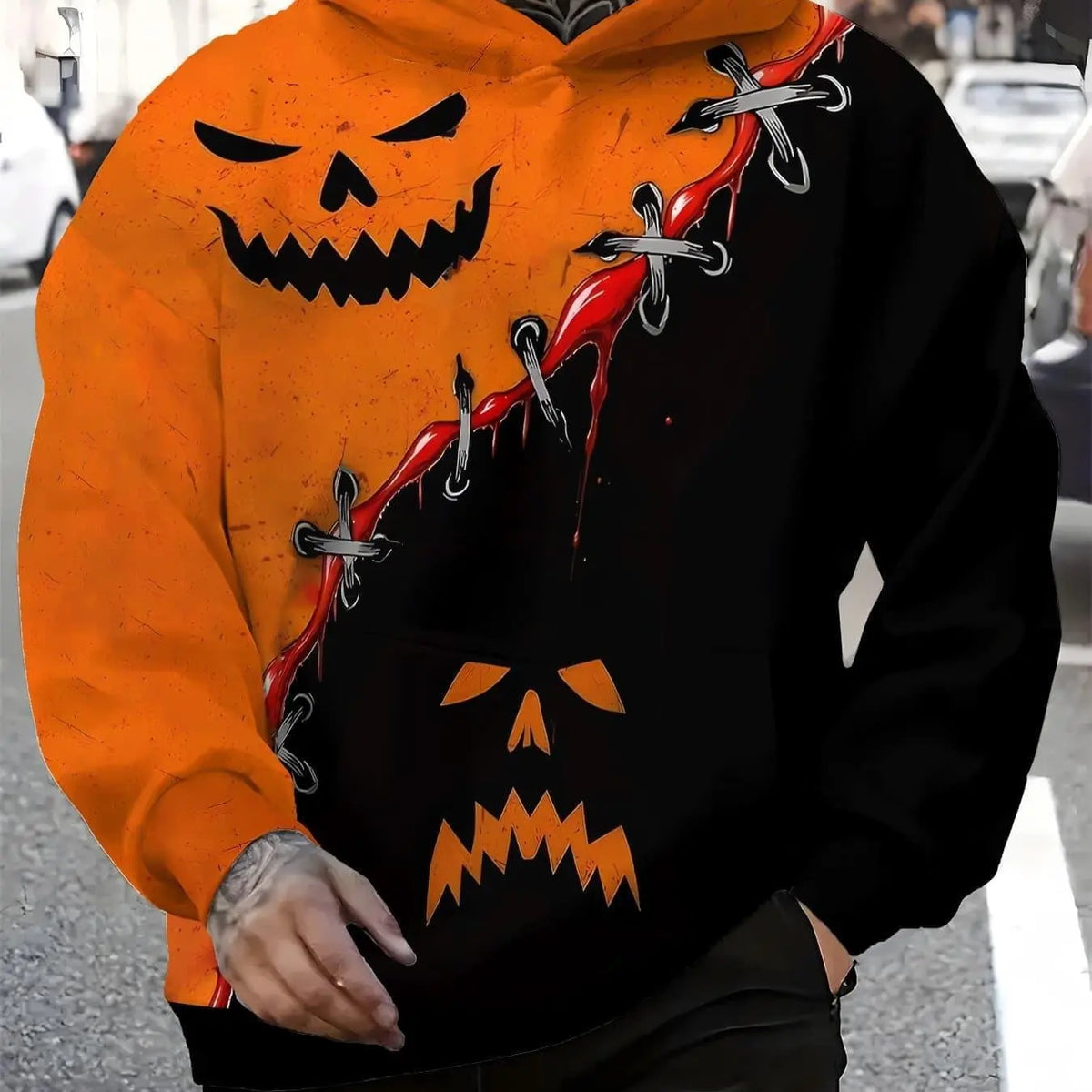 Men Halloween Stitch Pumpkin Face 3D Print Hoodie Split Black Orange Graphic Long Sleeve Pullover Sweatshirt With Pocket