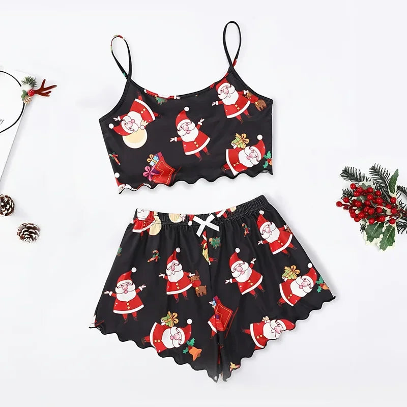 Santa Print Women's Sleepwear Soft Christmas Festival Cute Gingerbread Print 2 Pieces Pajama Set Crop Tops and Shorts Loungewear