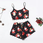 Santa Print Women's Sleepwear Soft Christmas Festival Cute Gingerbread Print 2 Pieces Pajama Set Crop Tops and Shorts Loungewear