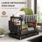 1 Pcs 2‑Tier Detachable Dish Drying Rack, Metal Multifunctional Countertop Kitchen Dish Organizer with Drainboard Utensil Holder
