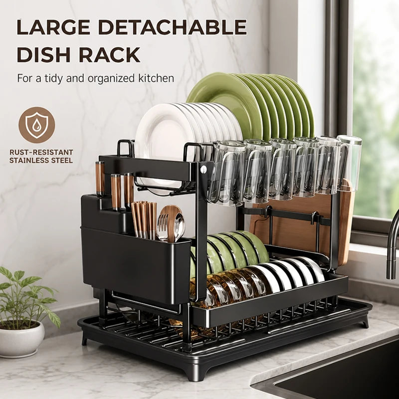 1 Pcs 2‑Tier Detachable Dish Drying Rack, Metal Multifunctional Countertop Kitchen Dish Organizer with Drainboard Utensil Holder