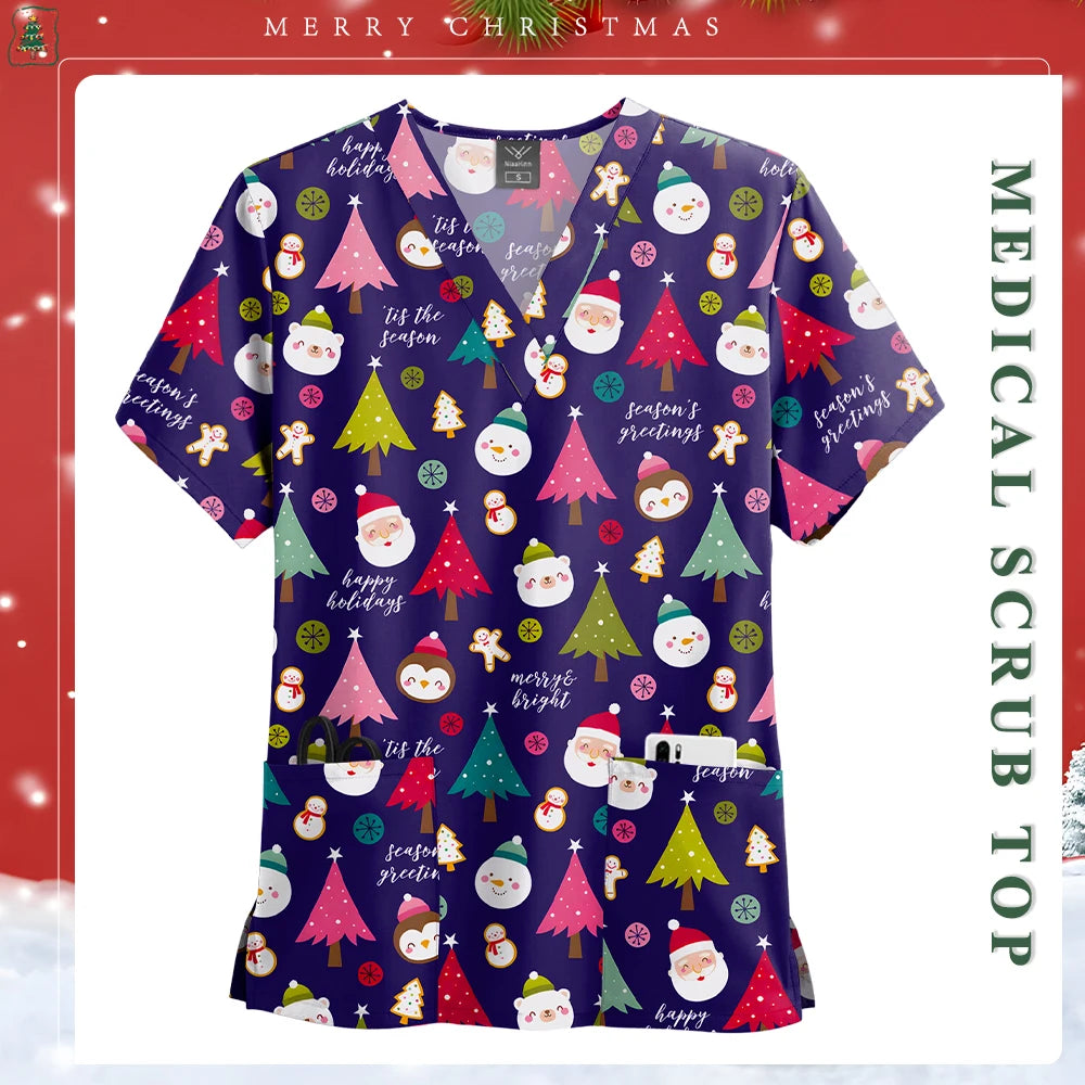 Women Men Christmas Scrubs Top Short Sleeve Pockets Surgery Blouse V-neck Medical Clothes Unisex Spa Dental Vet Surgical Uniform