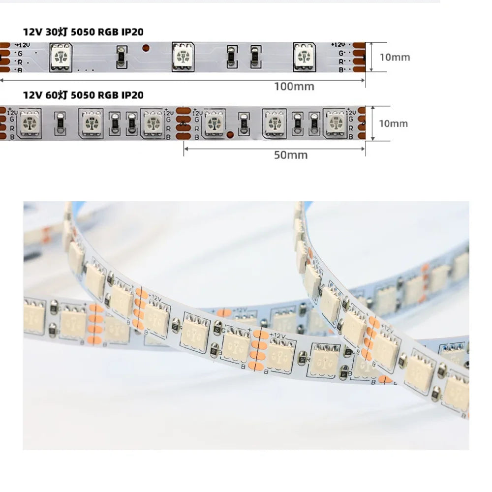 LED Strip 5050 DC 12V RGB Waterproof Flexible Neon Light Stripe 30LED/MLed 60LED/MLed PWM For Room Bedroom Decor TV Backlights