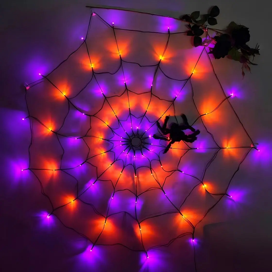 Giant Luminous LED Spider Web String Lights with Plush Spider, Creepy and Spooky Window Haunted Halloween Decorations