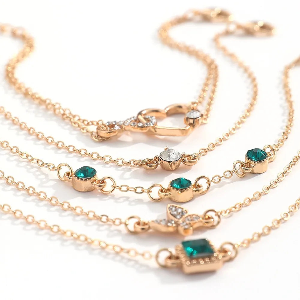 5Pcs/Set Halloween Heart Green Crystal Stone Bracelet Set for Women Gold Color Lovely Butterfly Rhinestone Girls Bracelet Set