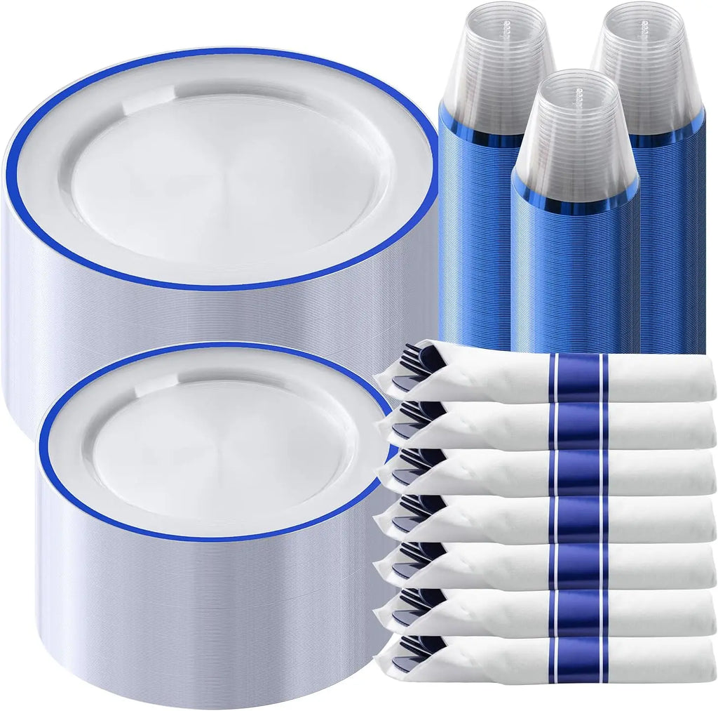 Disposable Party Dinnerware Set – 350 Pieces, Dark Blue Plastic, Includes 100 Clear Plates, 50 Pre-Rolled Napkins with Cutlery Set, 50 Cups, Serves 50 Guests, Ideal for Graduation, Birthday Celebrations