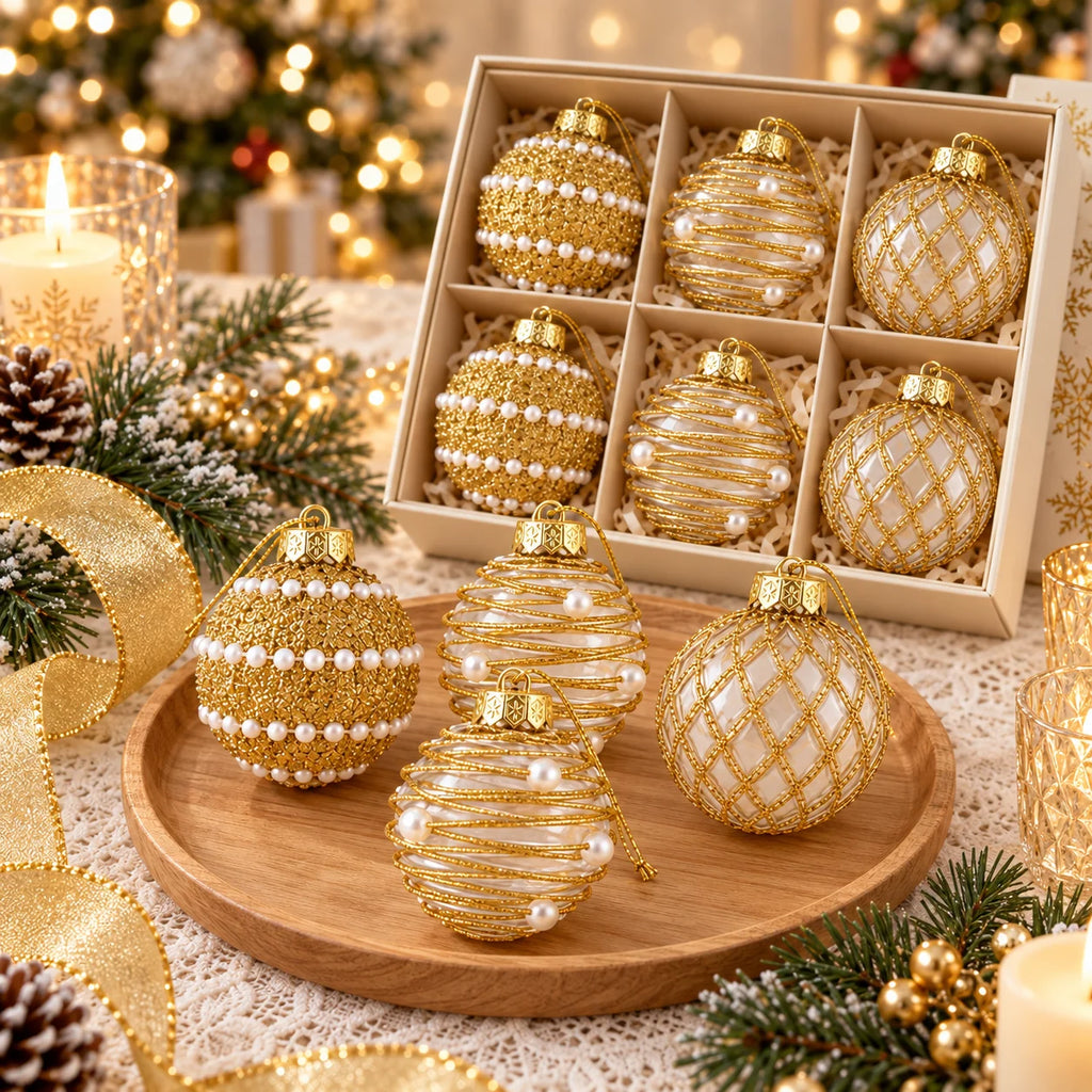 6 Pcs 6cm Gold Clear 3 Designs Glitter Pearl Christmas Balls Shatterproof Xmas Tree Hanging Ornaments for Holiday Party Decor