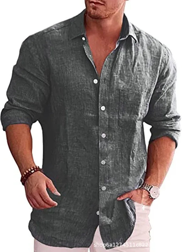 Men's Loose Solid Color Shirt Linen Lapel Long Sleeve Casual