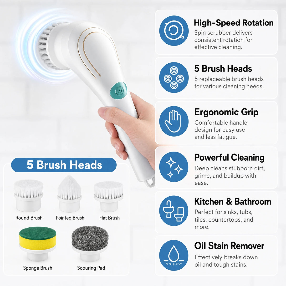 Automatic Cleaning Brush – Sponge Material, Powerful Stain Removal, Multiple Brush Heads, Handle