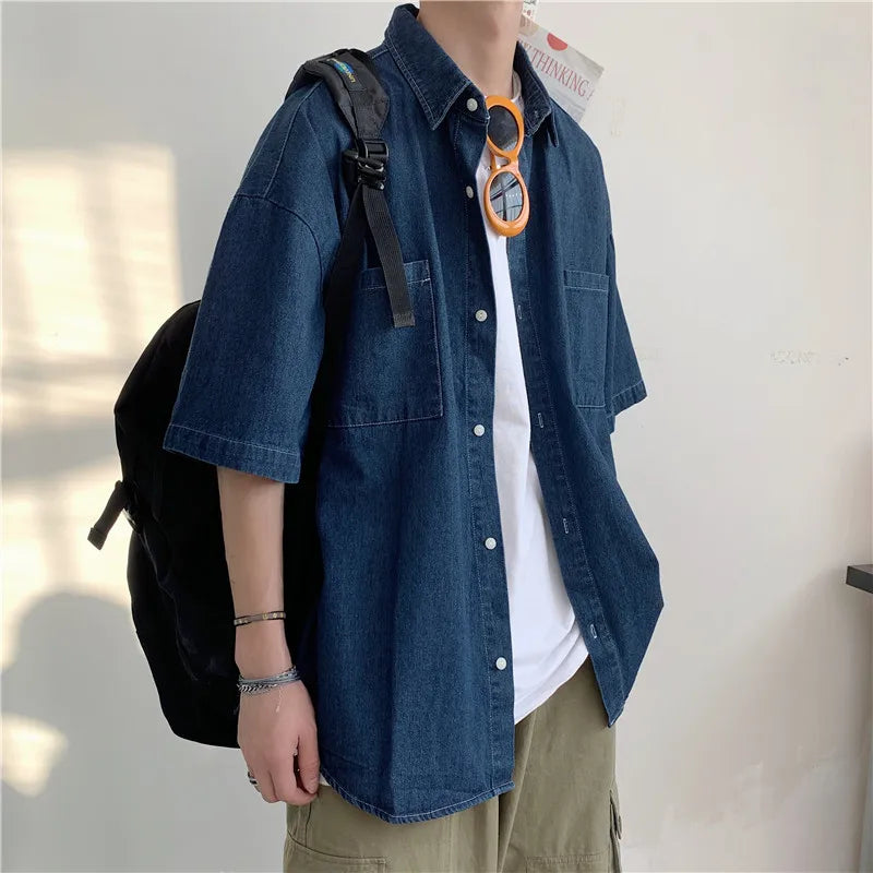 Short Sleeve Jacket Shirt Men's Trendy Brand INS Five Sleeve Casual Versatile Half Sleeve Trendy BF College Style Denim Shirt