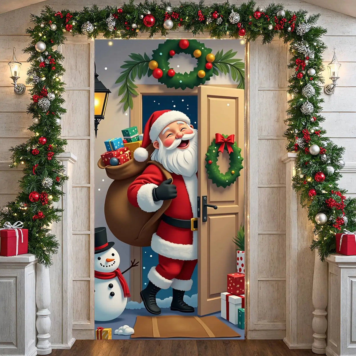 Christmas Door Cover Decorations Santa Claus Send Gift Background Banner for Indoor Outdoor Home Porch Holiday Decor Supplies