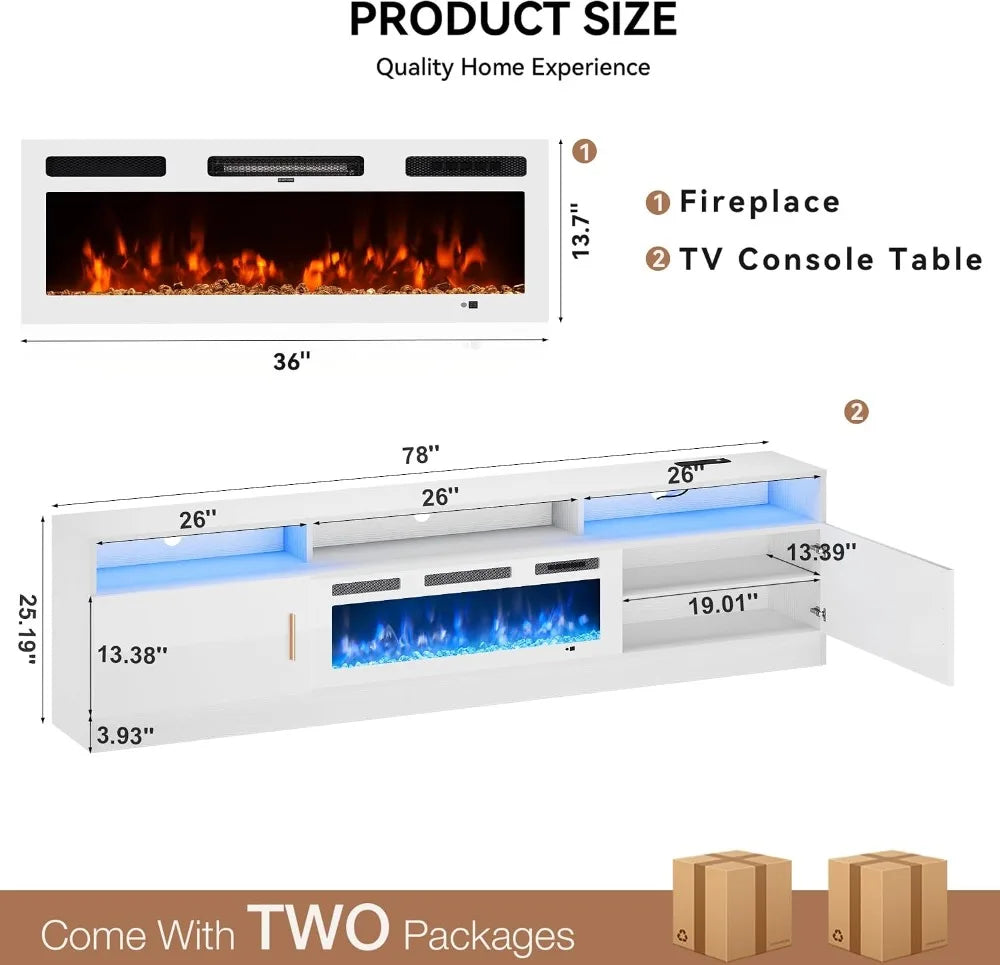 78" Electric Fireplace TV Stand with LED Lights & Storage for TVs up to 90"