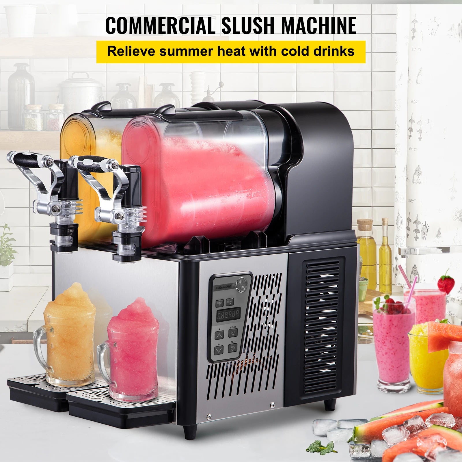 SucceBuy Commercial Slushy Machine 1x3L 2x3L Tank Frozen Drink Machine 24 Cups Stainless Steel Margarita Smoothie Frozen Drink
