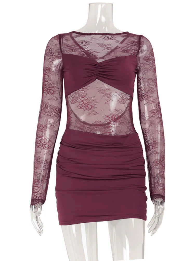 CNYISHE Lace Patchwork Backless O Neck Women Dresses Fashion Sheer Long Sleeve Sheath Outfits Hollow Out Female Hip Wrap Bodycon