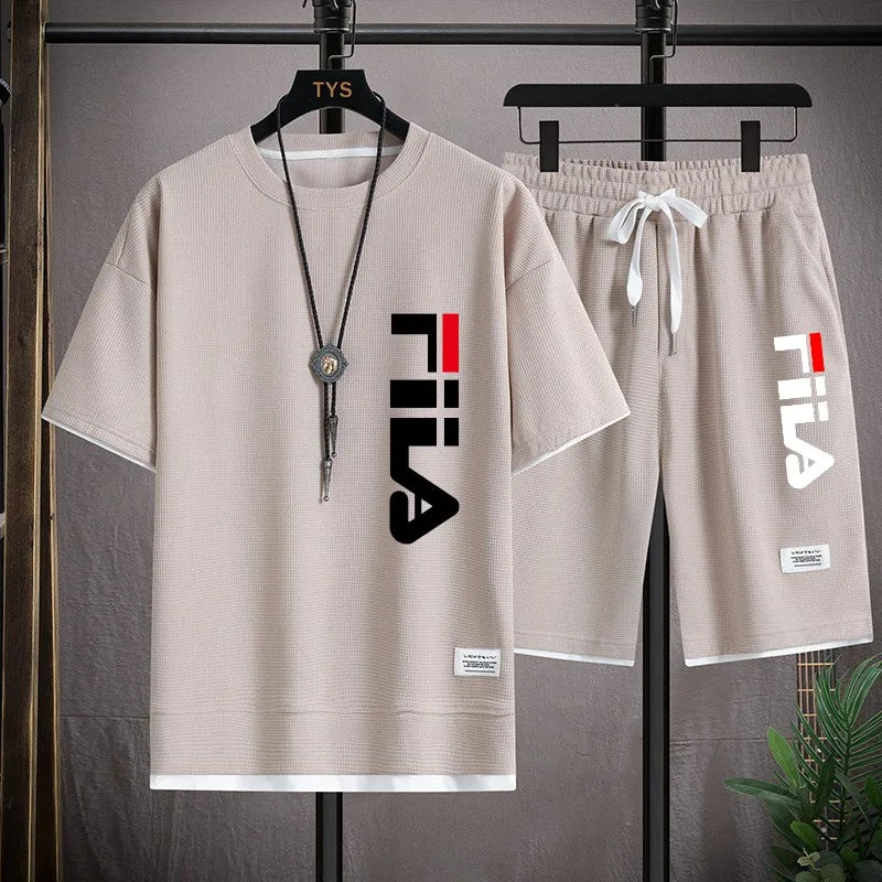2026 Summer Men's Sports Set Casual T-shirt+Shorts Set Waffle Fashion Short Sleeve Shorts Two sets of Sports Set Loose Set