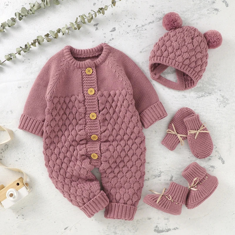 Newborn Baby Romper Shoes Gloves Set Knit Girl Boy Jumpsuit Boot Mitten Solid Toddler Infant Long Sleeve Clothing 4PC Fall 0-18M